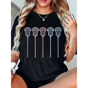 Women's Lacrosse Sticks Graphic T-Shirt | Casual Game Day Tee for Lacrosse Fans, Black with Pink Blue Sticks, Comfortable Crew Neck Top for Sports Lovers 100% Cotton T-shirt