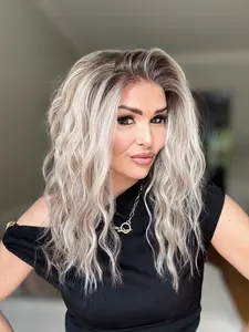 AISOM Mila Buttercream Blonde Water Wave Free Part Glueless Lace Front Wig with Scandinavian Hairline Low Density 16 Inches Brown Highlight Blonde Synthetic Lace Wig