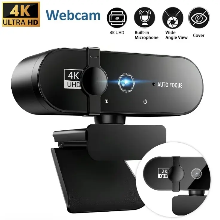 4K USB Webcam with Privacy Cover, Auto-Focus, Auto-Exposure, 360° Rotate, USB Port, Universal Compatibility for Online Learning, Remote Work Streaming