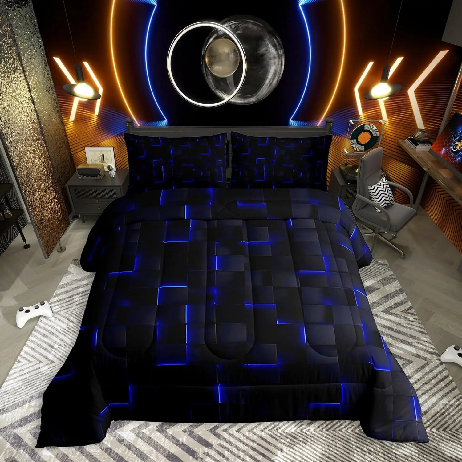 Feelyou 3D Digital Print Geometric Checkered Duvet Set with Pillows - Royal Blue & Black, Cozy Aesthetic Breathable Modern Gaming Abstract Cube Decor for Kids’ Rooms, Multi-Size Including King, Machine Washable 3D Digital Print Duvets & Sets
