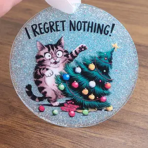 "I regret nothing" cat knocking over Christmas tree Christmas blue resin ornament decoration