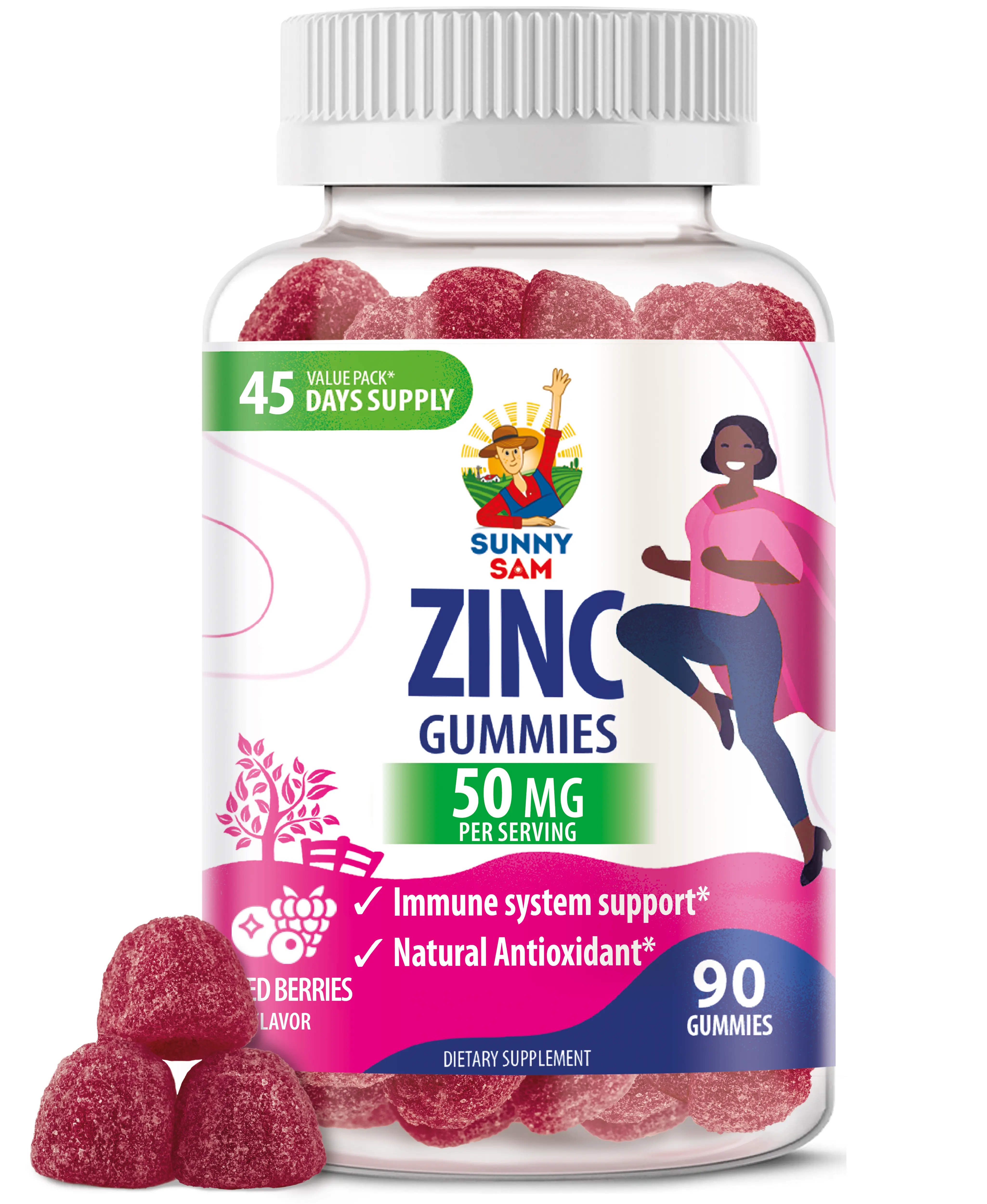 Sunny Sam Zinc Vitamin Gummies - 50mg Zinc Citrate per Serving, Low-Sugar Wild Berry Flavor, Dairy-Free Pectin-Based Chewable Supplement for Adults & Kids 4+, 24-Month Shelf Life, Immune Support, Natural Antioxidant, Non-GMO, 90 Pieces, 45-Day Supply