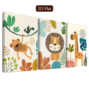 3 Piece Framed Jungle Theme Wall Art Set, Vibrant Animal Cartoon Canvas Posters, Tropical Art Prints for Home Decor, Classroom Decoration