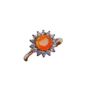 Orange Fire Opal Cocktail Ring 6mm, Natural Orange Opal Statement Ring