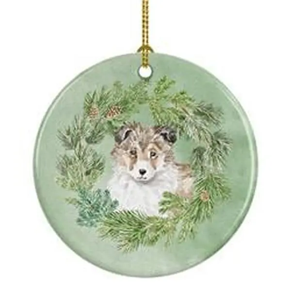 2.8 x 2.8 in. Unisex Sheltie & Shetland Sheepdog Puppy Sable Christmas Wreath Ceramic Ornament