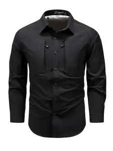 Men's Solid Long Sleeve Button Up Shirt, Regular Fit Casual Quick Drying Breathable Sports Top for Outdoor Activities, Men's Clothes for All Seasons, Menswear, Button Up Pocket