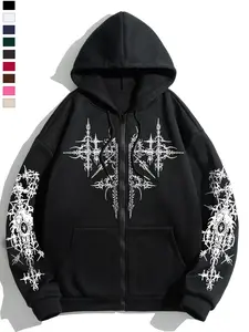 Men's Hooded Jacket with Flag Letter Print, Casual Zipper Design, Pockets, Loose-Fit, Suitable for Outdoor Activities in Spring and Autumn, Alternative Streetwear