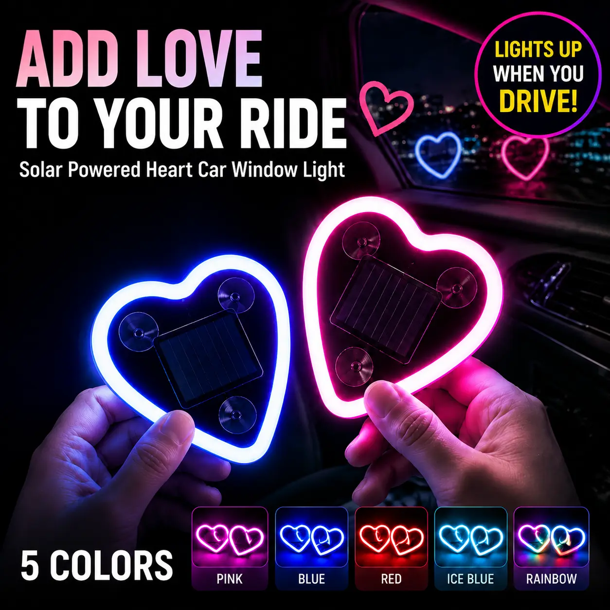 Solar Powered Heart Car Window Lamp - Cute LED Car Accessories, Simple Install Window Mount Interior Light with Night Glow for Night Drive & Gift