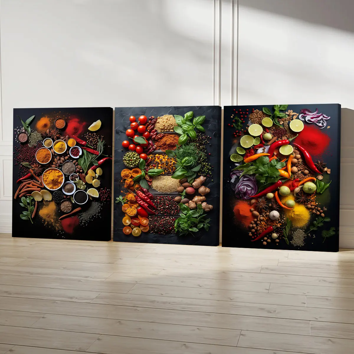 3Pcs Artistic Wooden-Framed Canvas Print Set, 11.8x15.7in Vibrant Spices & Herbs Composition, Odorless Exquisite Wall Art, Home Decor Supplies for Living Room, Bedroom