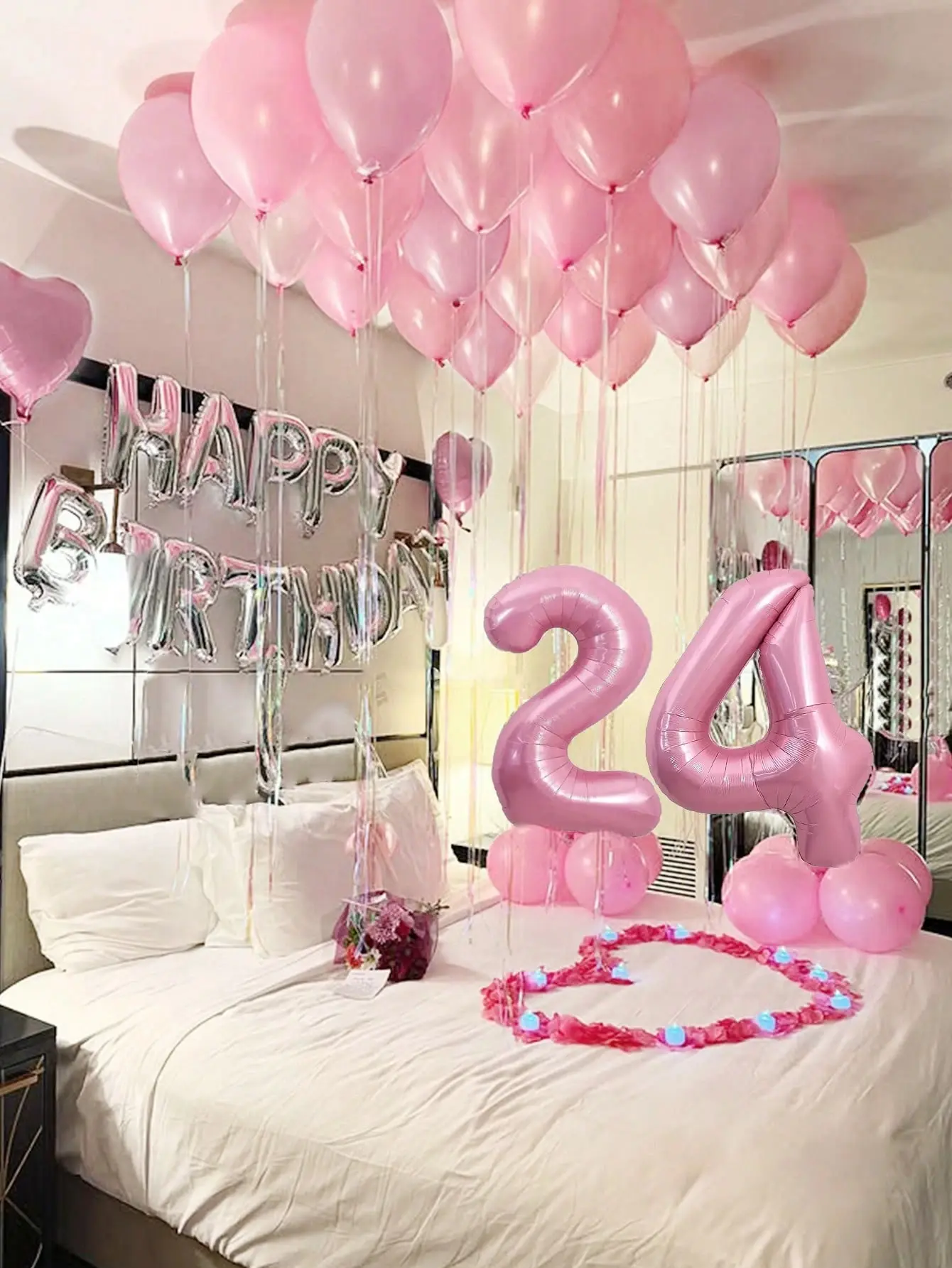 Pink Birthday Balloon Decorations Set with Custom Number Foil Balloons, Happy Birthday Banner, Heart Balloons & Rose Petals for Adult Birthday Party Room Decor Backdrop