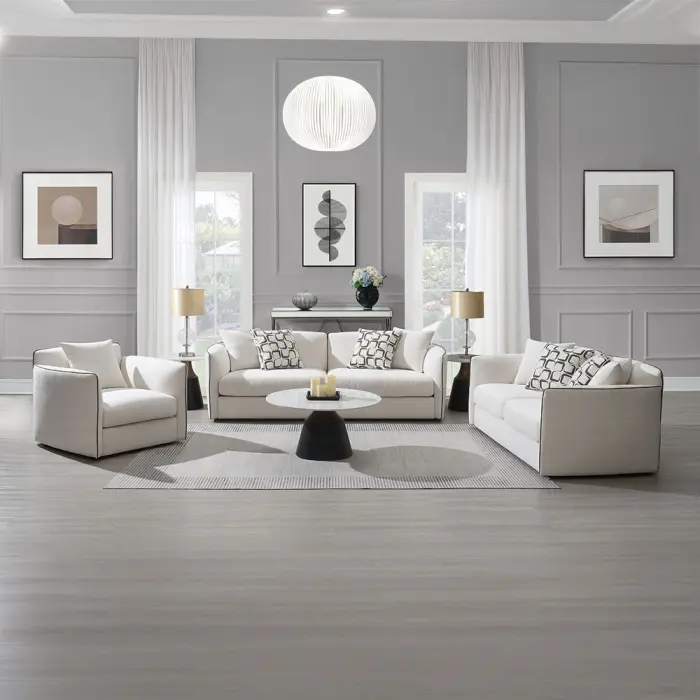 Acme 03605-06 2-Piece Modern Contemporary Sofa & Love Seat Set, Yolanda Beige Chenille Fabric, Piping Trim, Tapered Edges, for Living Room Decor, Modern Sofa, Furniture Living Room