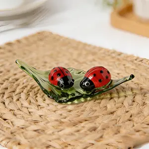 Tiny Glass Ladybugs on Leaf – Adorable Home Decor to Brighten Your Desk & Garden