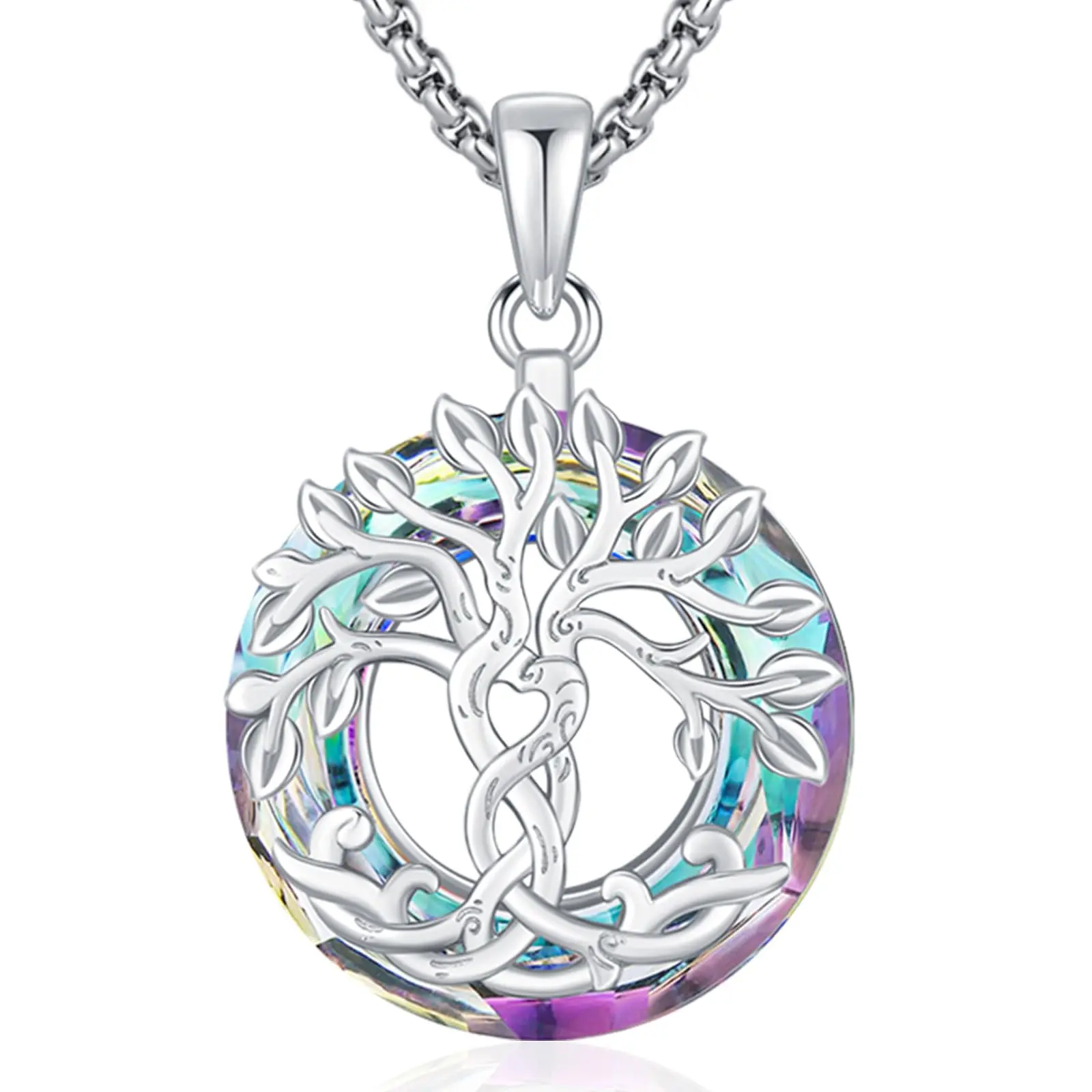 DRINSPER 925 Sterling Silver Tree of Life Pendant Necklace, Iridescent Crystal Round, Symbolizing Connection & Cycle of Life