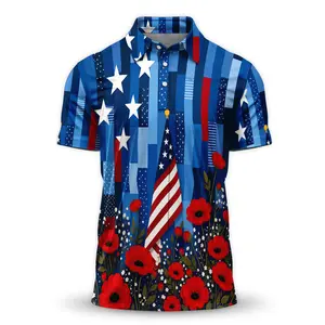 Patriotic Floral USA Flag Patten Golf Polo Shirt Bold American Flag Poppy Flower Print Gift for Men Lightweight Outdoor