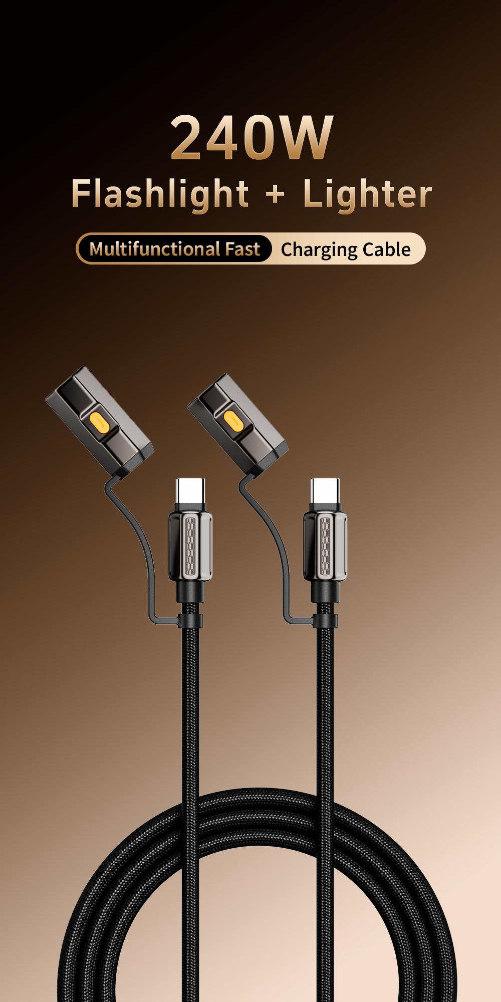 240W 4-in-1 Emergency Charging Cable with Flashlight – Car & Travel Survival Gear for iPhone & Android, Camping Essential