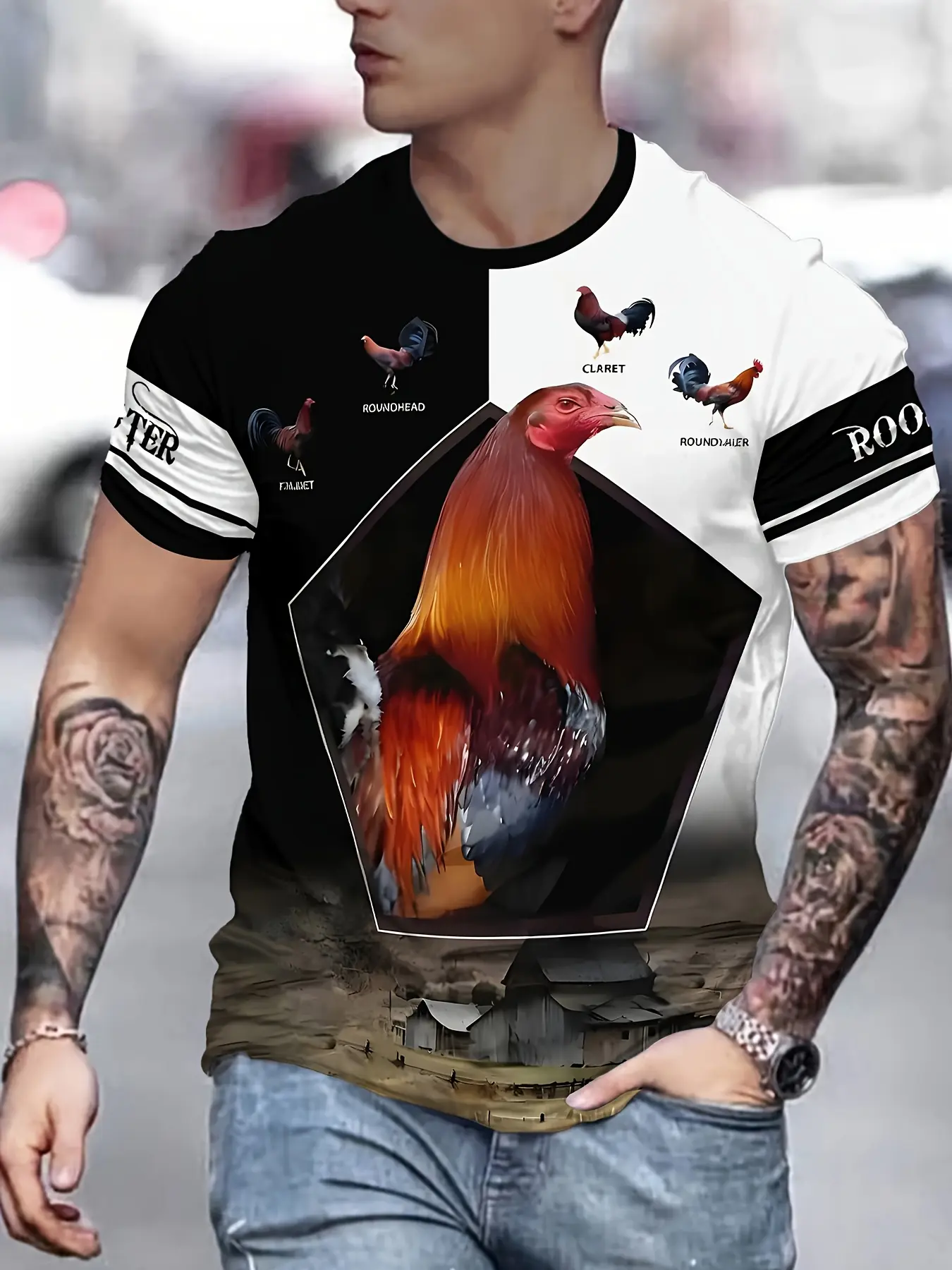 Men's 3D Animal Chicken & Geometric Print Fashion Round Neck T-Shirt, Casual Long Sleeve Fitted Tee, Street Style All Season Wear, Unique Design for Daily Streetwear, Menswear, Casual Graphic Tee