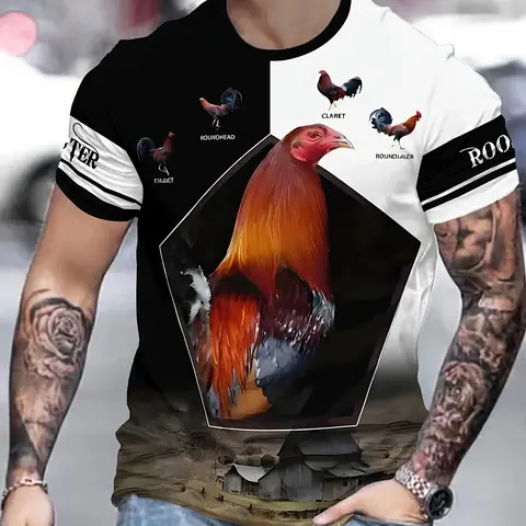 Men's 3D Animal Chicken & Geometric Print Fashion Round Neck T-Shirt, Casual Long Sleeve Fitted Tee, Street Style All Season Wear, Unique Design for Daily Streetwear, Menswear, Casual Graphic Tee