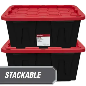 Hyper Tough Large Storage Bin, 27 Gallon Plastic Storage Container with Snap-On Lid, Black and Red