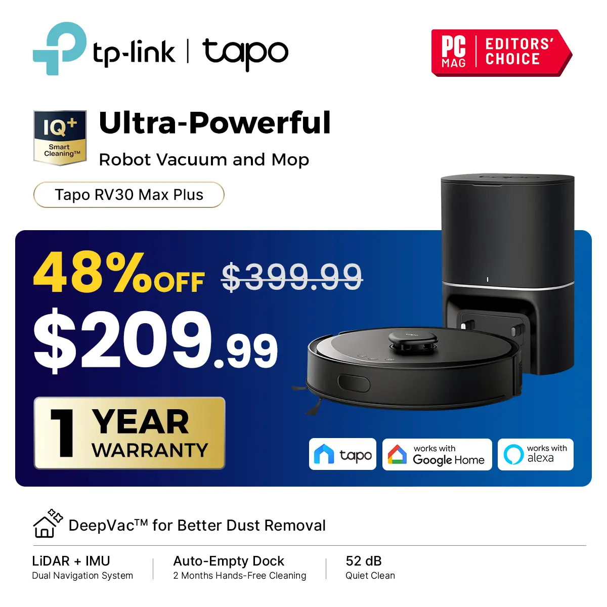 TP-Link & Tapo RV30 MAX Plus: LiDAR Robot Vacuum & Mop with Auto-Empty Dock, 5300Pa,Smart Mapping, Voice Control, 97%+ Dust Pickup, 3L Dust Bag, 2 Months Hands-Free Cleaning