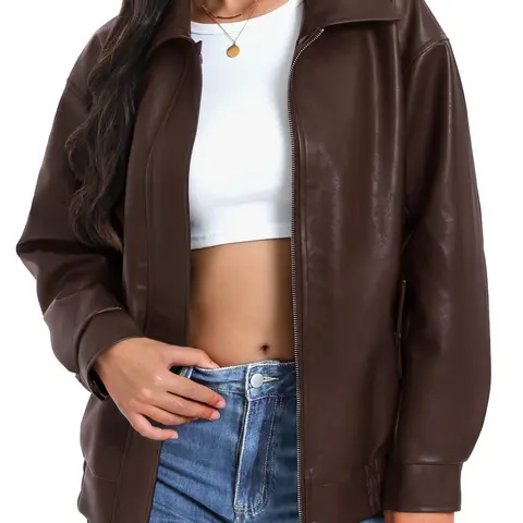 Casly Lamiit Women's Oversized Faux Leather Biker Jacket, Long Sleeve Zip-Up Motorcycle Coat with Collar and Pockets, Edgy Streetwear Outerwear for Halloween Costumes, Fall Fashion, Parties and Everyday Outfits