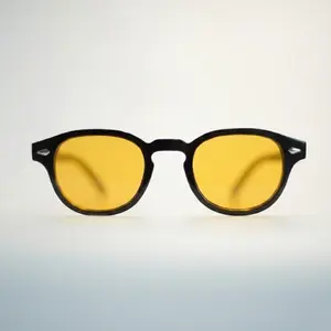 Vintage Round Black Acetate Non-Prescription Glasses for Men - Blue Light Blocking, Retro Small Yellow Tinted Lenses, UV Protection, Computer Gaming Anti-Eye Fatigue Eyewear
