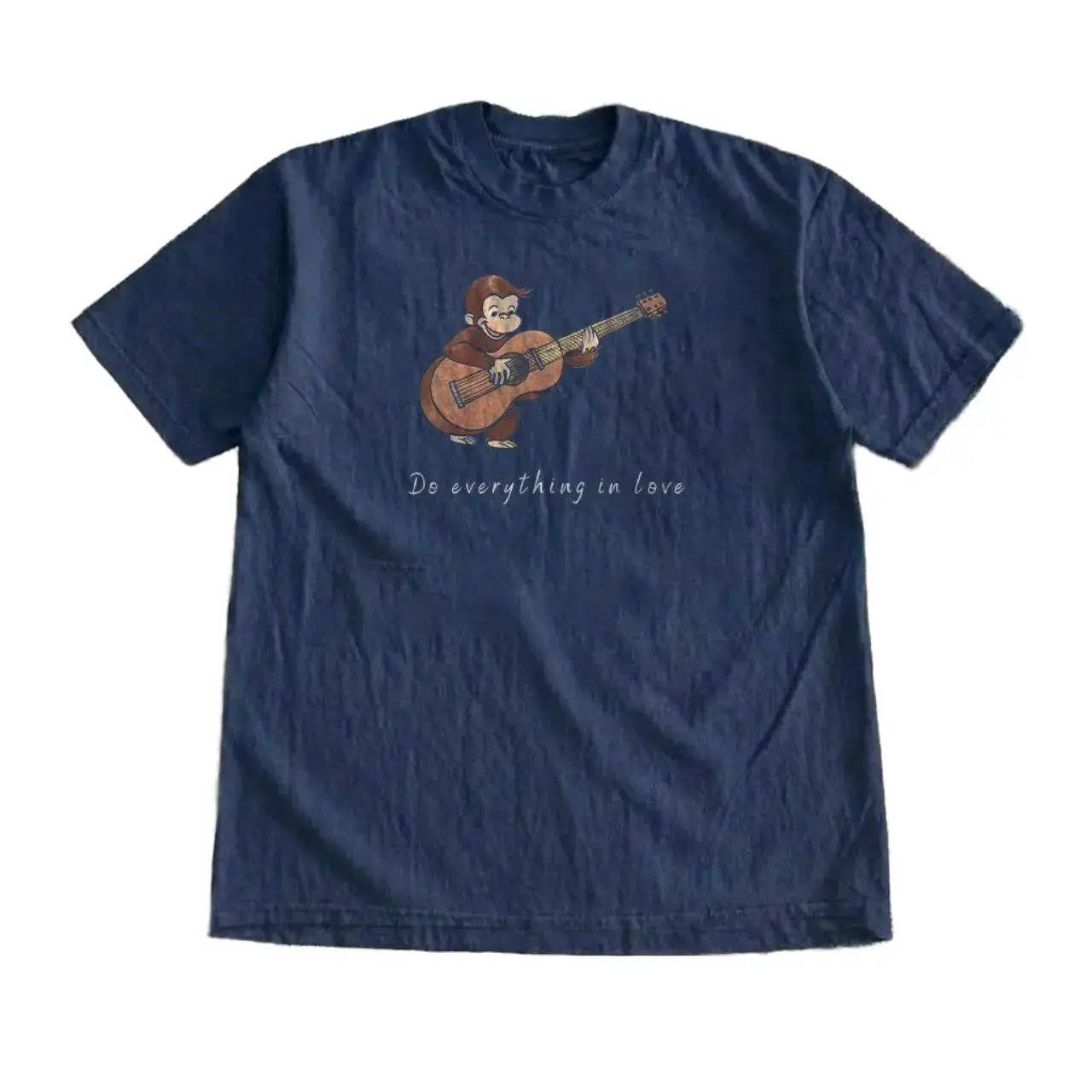 Vintage Design Curious George "Do Everything in Love" T-shirt, Gildan Heavy Cotton Casual Navy Blue Top