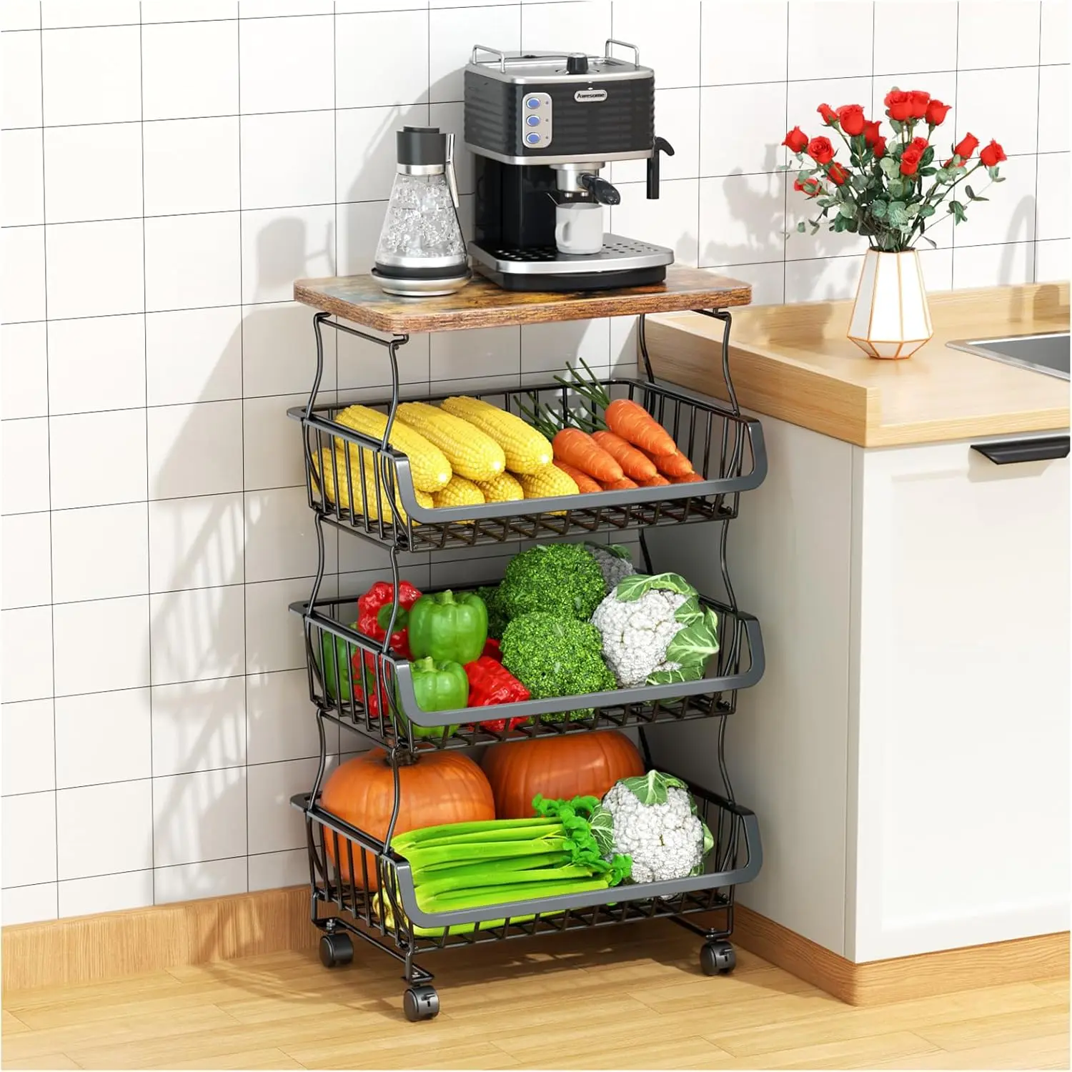 Kitchen Fruit and Vegetable Basket, 4-Tier Stackable Fruit and Vegetable Storage Basket with Wheels, Metal Wire Storage Basket for Kitchen, Pantry, Bathroom Organizer