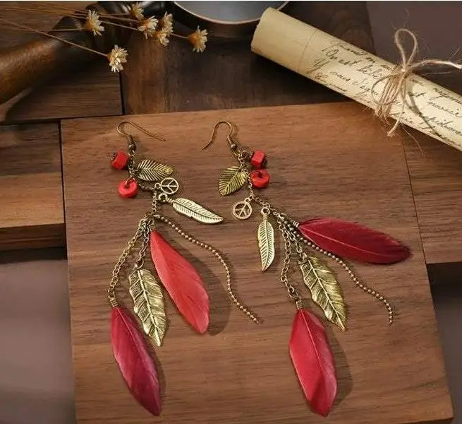 Maroon Feather Dangle Earrings