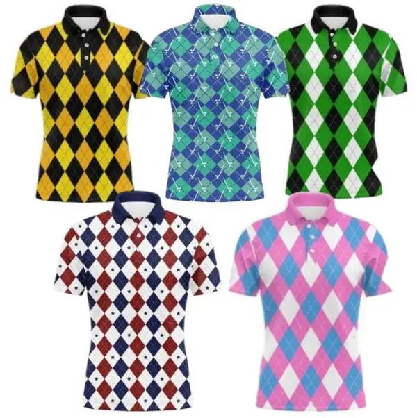 Classic Argyle Collar Golf Polo Shirt, Short-Sleeved Men's Sports Polo with eye-catching plaid pattern, Comfortable Everyday Wear #ArgylePolo #GolfShirt #Men'sFashion #CasualStyle