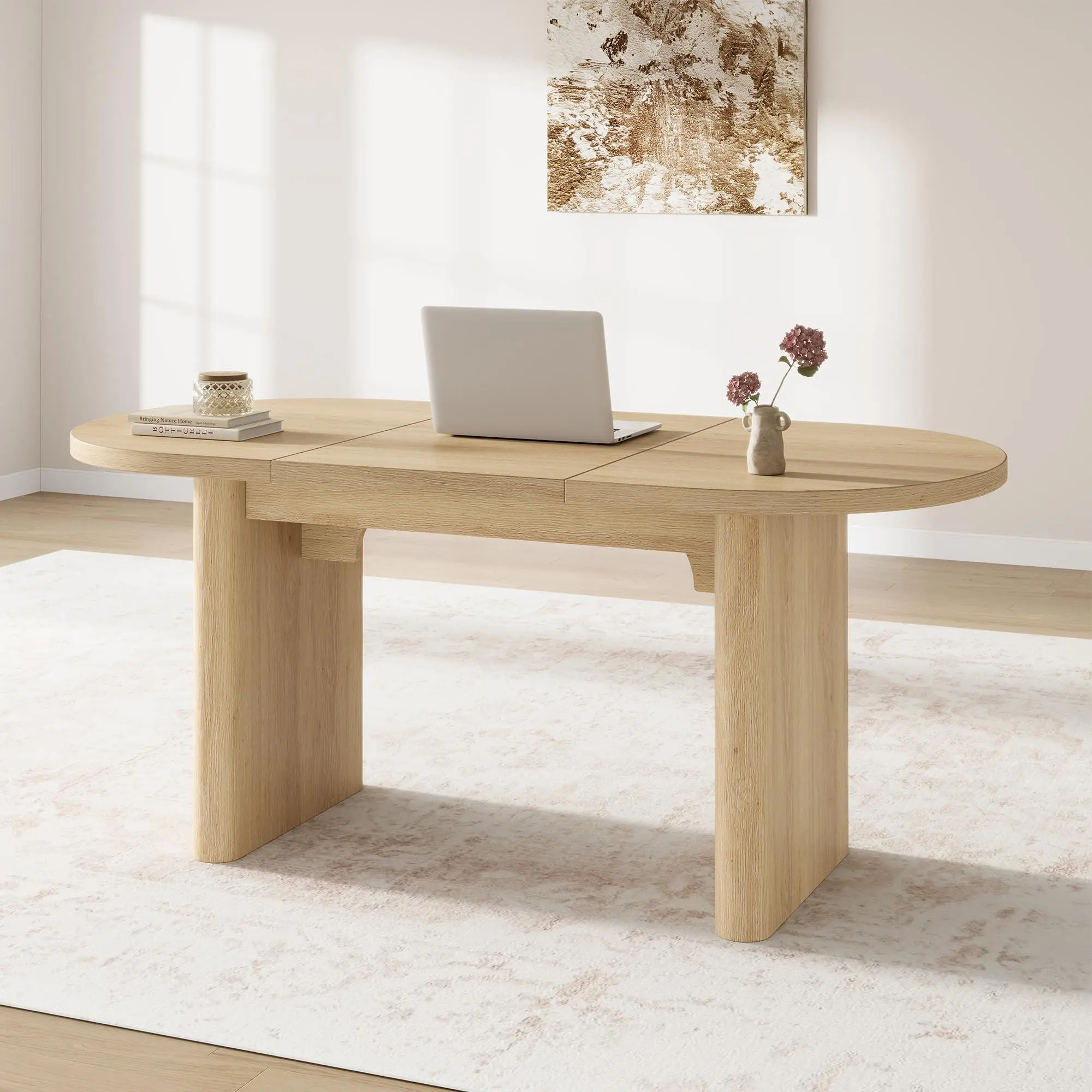 Oval Executive Desk, Wood Office Desk, Large Aesthetic Computer Desk, Farmhouse Wooden Laptop Desk with Double Pedestal, Study Writing Table Workstation for Home Office