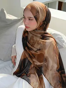 Women's Fashion Cotton Linen Wide Edge Digital Print Long Scarf Hijab For Muslim, Bali Style Geometric Shawl, Comfortable Sunscreen for Daily Use, Polyester Scarf