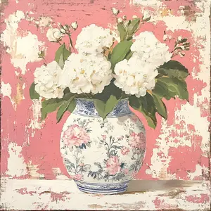 10" x 10" Pink/Blue Chinoiserie Vase & Hydrangeas Sign TTE-232