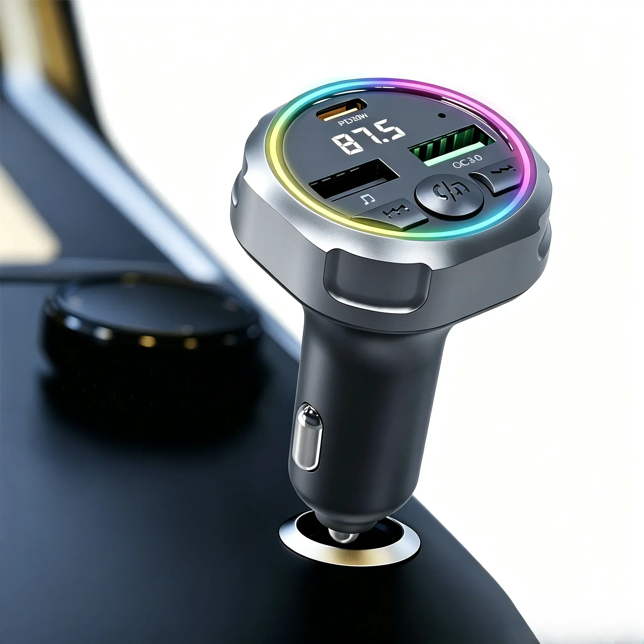 Bluetooth Car FM Transmitter Bluetooth 5.3 Wireless Radio Adapter RGB Ambient Light Dual Port Fast Charger Hands Free Call Voice Prompt MP3 Player Car Cigarette Lighter Auto Driving Travel Accessory