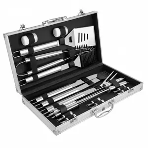 18 Pieces Stainless Steel BBQ Tools Set – Portable Outdoor BBQ Kit with Aluminum Organizer, Lightweight Grill Utensils for Family Kitchen & Camping BBQ Party, Christmas Gift
