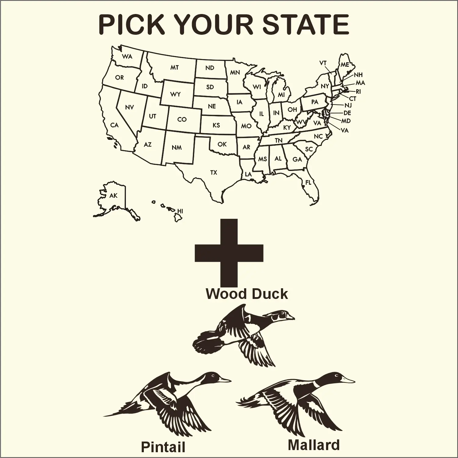 State Waterfowl Decals Available With Mallard, Pintail, or Wood Duck 10"