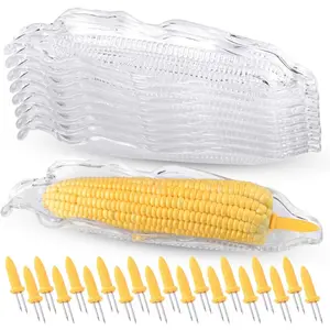 MIAHART Corn Serving Set 9 Transparent Plastic Trays & 20 Stainless Steel Tip Corn Holders for Sweet Butter Corn Kitchen Utensils 26.8cm Trays 6cm HoldersValentine's Day, gift