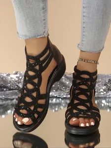 Women's Fashionable Glitter Decorated Zipper Back Sandals, Casual Peep Toe Sandals for Summer, Lightweight Breathable Comfortable Shoes for Daily Wear, Girl, Casual Platform Sandals, Elegant Fashionable Sandals