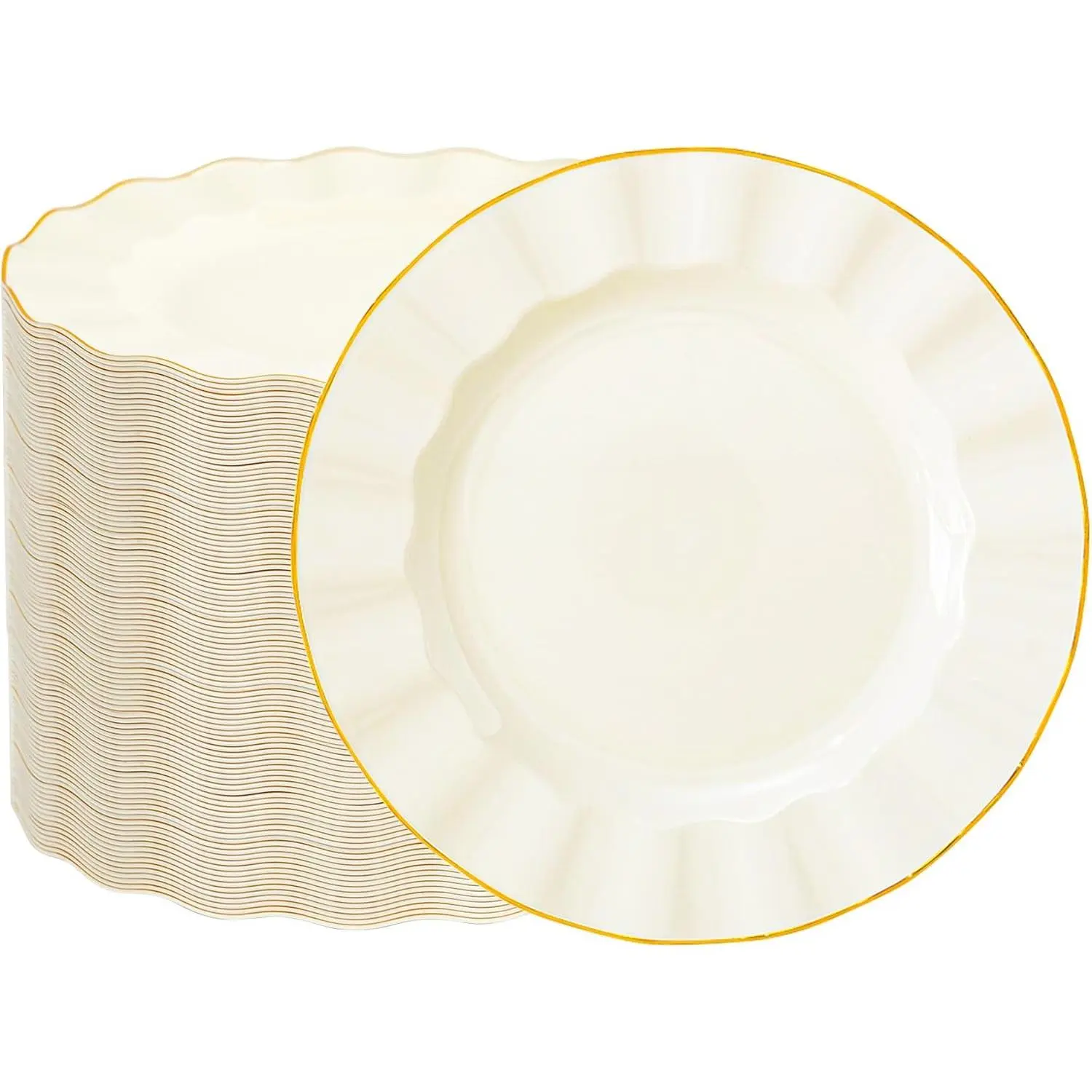 100 Pack Ivory Plastic Plates, 7in Disposable Wave Edge Dessert Plate Heavy Duty Elegant Round Salad Plates for Party, Wedding2026
