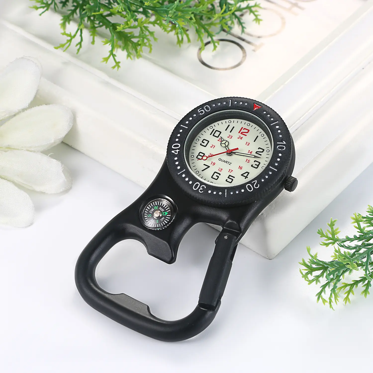 OIDEA Unisex Light-up Pocket & Fob Watch with Carabiner, Compass & Bottle Opener - Matte Black Multi-Tool with Dual-Timezone for Hikers, Light-Up Pocket & Fob Watches, Outdoor Adventure Pocket & Fob Watches