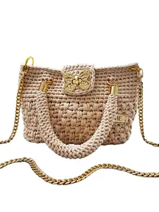 Handmade Crochet Crossbody-Shoulder Bag, Beige with Gold Chain, Lightweight Soft Elasticized T-Shirt Yarn, Fully Lined Spacious Interior, Turn Lock, Multi-Use Everyday Purse