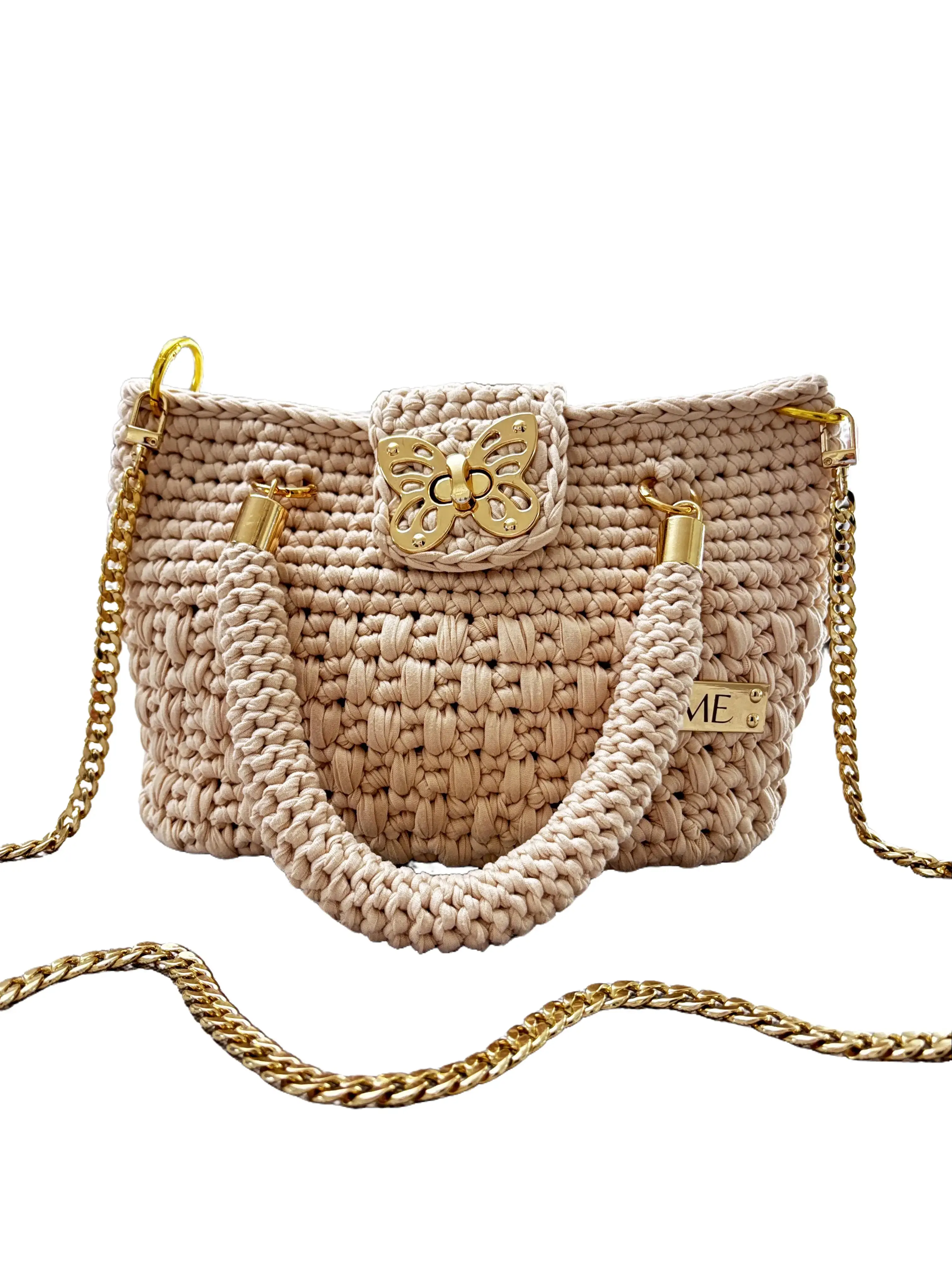 Handmade Crochet Crossbody-Shoulder Bag, Beige with Gold Chain, Lightweight Soft Elasticized T-Shirt Yarn, Fully Lined Spacious Interior, Turn Lock, Multi-Use Everyday Purse