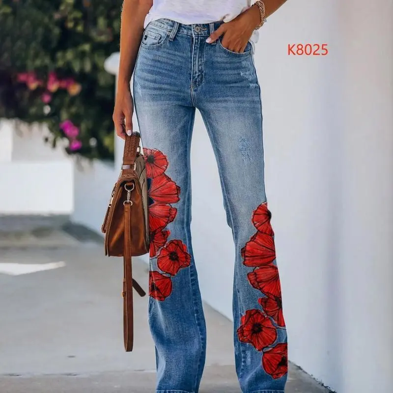 2025 New European and American Large Size Printed Imitation Denim Thin Jeans Women Fashionable Versatile Casual Comfortable 2025 New European and American Large Size Printed Imitation Denim Thin Jeans Women Fashionable Versatile Casual Comfortable