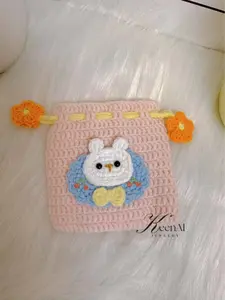 Handmade Crochet Drawstring Pouch with Bunny Design