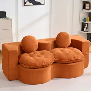 Orange Convertible Sleeper Sofa, Corduroy Foldable Foam Compression Loveseat Sofa Bed with 2 Pillows, Full Size Folding Guest Bed for Living Room Bedroom Apartment