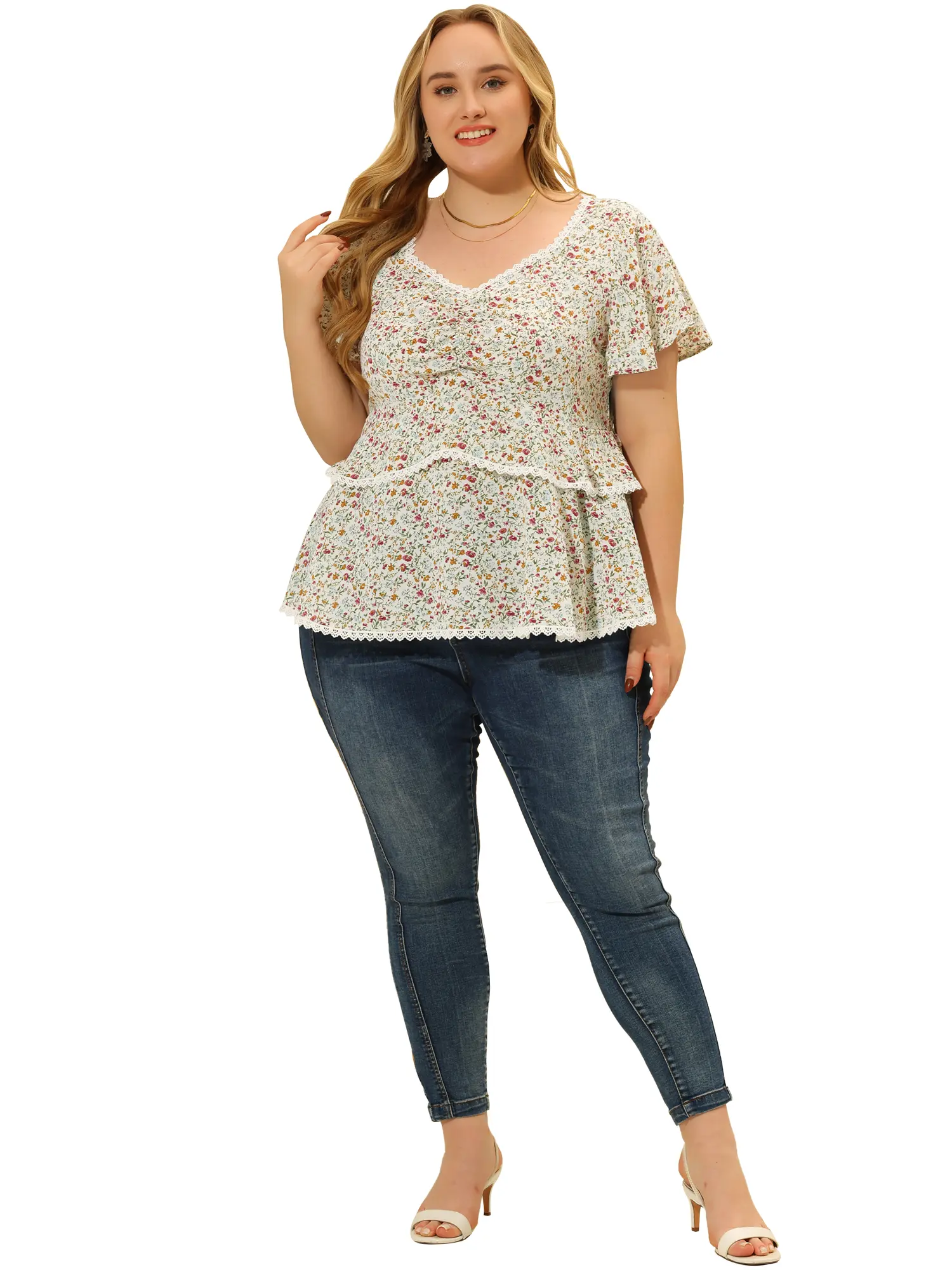 Agnes Orinda Plus Size Tiered Blouse for Women Floral Babydoll Sweetheart Ruffle Short Sleeve Top
