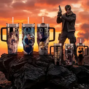 Hot Leon.S Kennedy 40oz Tumbler (Theme box not included), Leon S.Kennedy Resident E Inspired Steel Tumbler,  Gift For Gaming Lovers Tumbler with Handle, Black Water Bottle