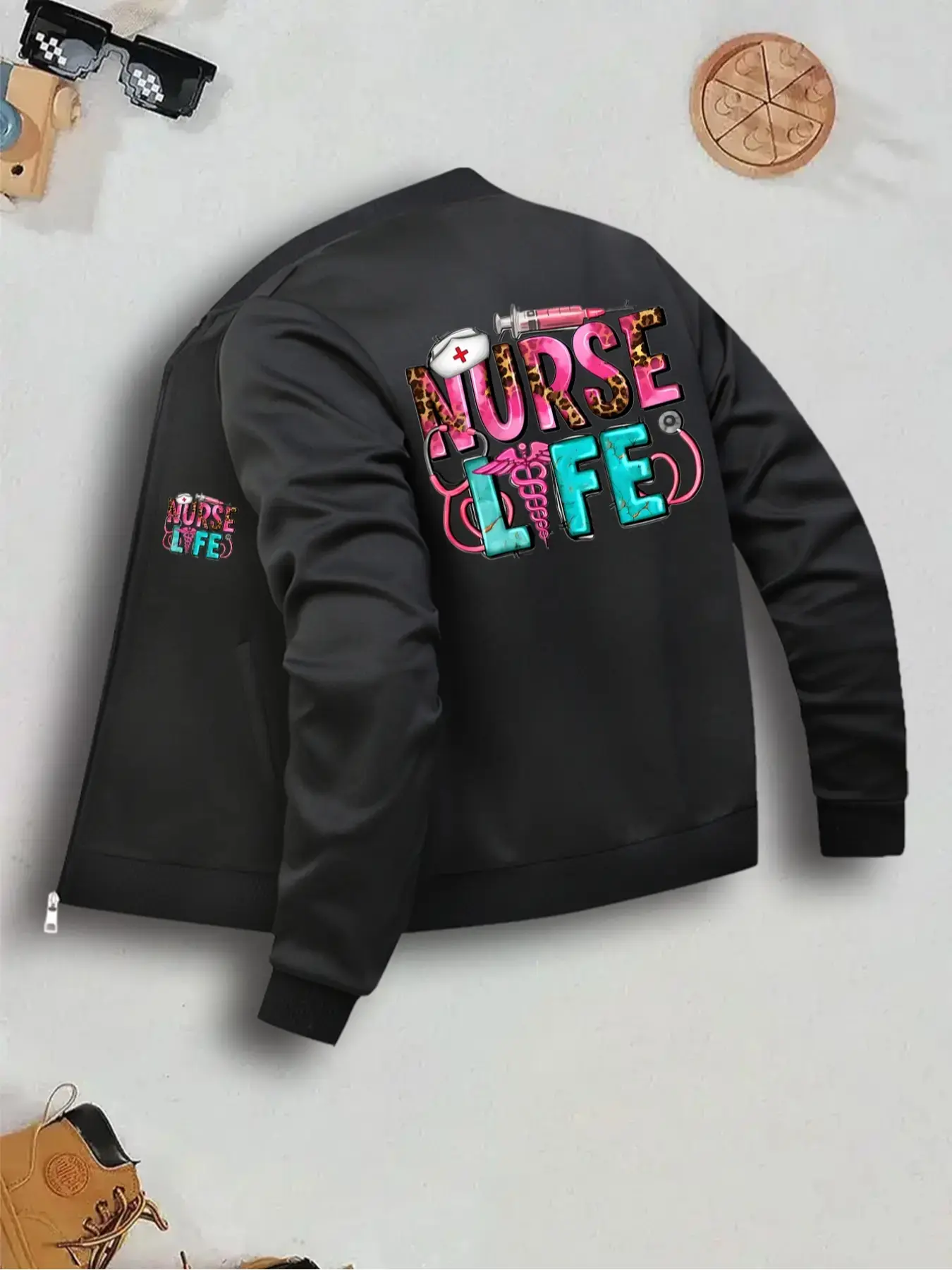 Women's Workwear Zipper Nurse Jacket Print, Comfortable Fashionable Work Uniform, Long Sleeve Fitted Design Pockets, Casual Fall & Winter Style Coats