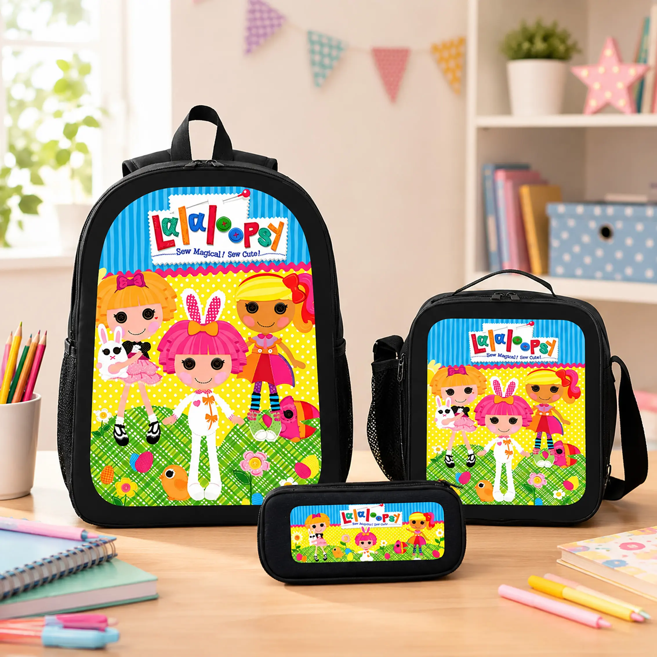 Lalaloopsy 3 Piece Backpack Set Polyester Backpack Lunch Bag Pencil Case Large Capacity Lightweight Breathable Cute Cartoon Doll Kawaii Bookbag For Back To School Travel Daily Use Kids Girls Boys Teens Students