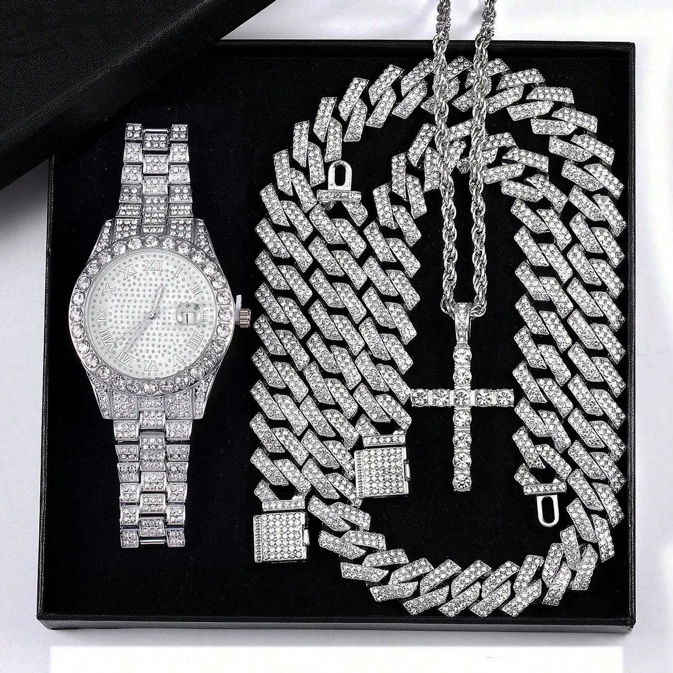 Men's Hip Hop Style Luxury Silver Plated CZ Watch & Iced Cuban Chain & Bracelet & Cross Necklace Jewelry Gift Set