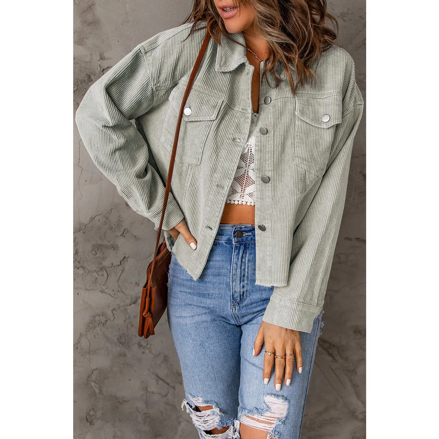 Women's Oversized Solid Cotton Corduroy Casual Cropped Jacket with Pockets - Raw Hem, Lightweight, Women's Tops & Coats